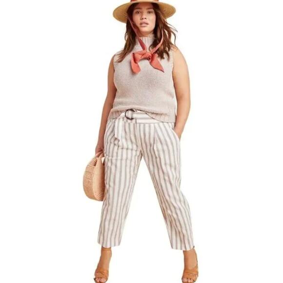 Anthropologie Oasis Striped Pants Cream & Peach High Waist Cotton Linen Blend - Picture 1 of 12